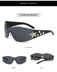 Detailed views of black rimless star sunglasses with front, back, and 45-degree angles