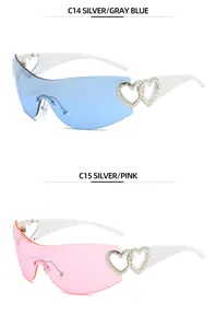 Y2K rimless sunglasses with hollow heart detail in blue and pink variants for women