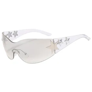 Trendy rimless Y2K sunglasses featuring metallic star accents and UV400 protection lens