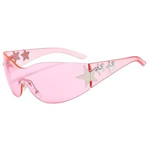 Pink rimless sunglasses with silver star accents and UV400 protection trendy style
