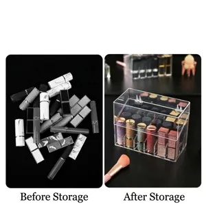 Comparison showing messy lipsticks versus organized in clear acrylic storage box with lid