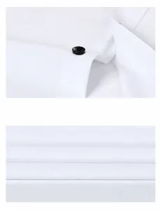 Détails des poignets arrondis, de la patte de boutonnage et du tissu en coton blanc