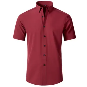 Premium burgundy men's short-sleeve shirt featuring 4-way stretch non-iron fabric design