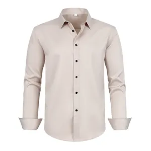Front view of a light beige plus size long-sleeved dress shirt featuring black buttons