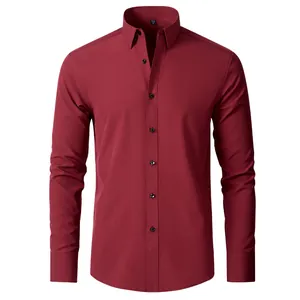 Professional slim fit men's long sleeve stretch dress shirt in a deep burgundy color