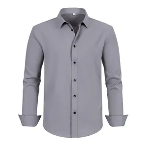 Front view of a grey wrinkle-resistant stretch shirt for men with black buttons