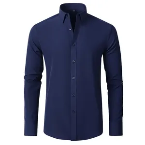 Men's navy blue 4-way stretch wrinkle-resistant long-sleeve business casual shirt