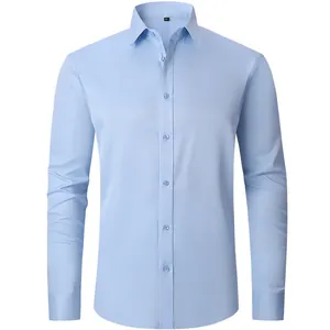 Detailed macro shot of a light blue long-sleeve wrinkle-resistant business dress shirt.