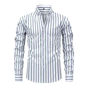 Classic men's long-sleeve button-up shirt with vertical blue and green stripes