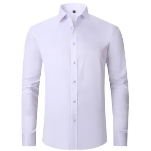 Detailed view of light purple men's long-sleeve business dress shirt with non-iron fabric.