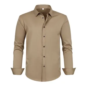 Detailed front view of men's khaki plus size stretch anti-wrinkle button-up shirt