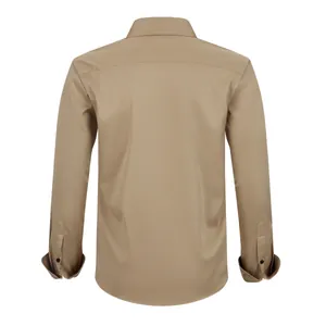 Detailed back view of a khaki men's wrinkle-resistant four-way stretch long sleeve shirt