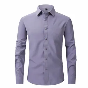 Detailed view of lavender men's business shirt with non-iron stretch fabric texture