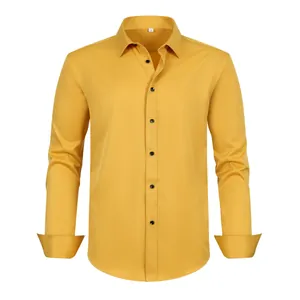 Front view of a vibrant yellow plus size long-sleeved shirt with contrast buttons