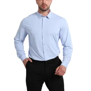 Light blue men's long sleeve slim stretch shirt with non-iron finish on white background