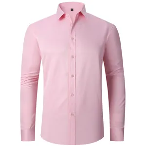 Professional front view of a pink long-sleeved men's business shirt with stretch fabric.