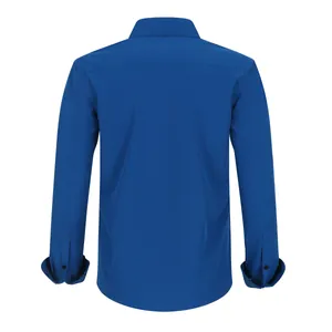 Back view of a plus-size blue stretch shirt for men with wrinkle-resistant fabric