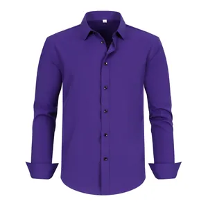 Detailed front view of a premium purple four-way stretch anti-wrinkle men's dress shirt