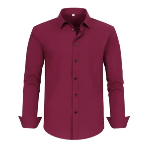 Close-up view of burgundy wrinkle-resistant stretch dress shirt for plus size men