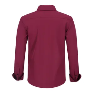 Back view of a maroon long-sleeve men's stretch dress shirt with smooth anti-wrinkle fabric