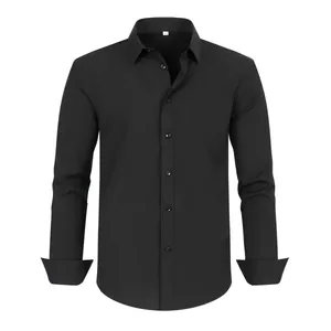 Frontal view of black long sleeve stretch shirt showing collar and button detail