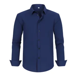 Navy blue plus size long-sleeved shirt with wrinkle-resistant four-way stretch fabric.