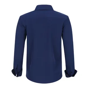 Back view detail of a premium navy blue four-way stretch long-sleeved men's shirt