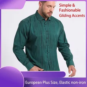 Men's green long-sleeved dress shirt featuring gold foil stripes and stretch fabric