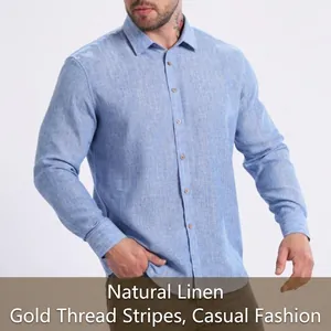 Professional men's light blue long sleeve linen-look shirt with subtle gold vertical stripes