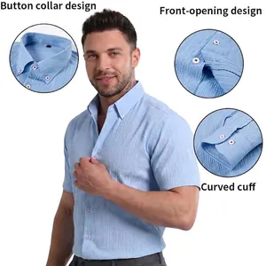 Men's light blue seersucker short sleeve shirt with button-down collar and detail views