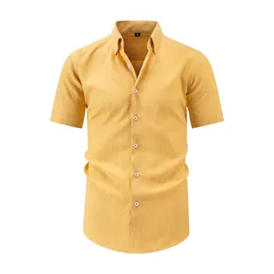 Geel herenshirt met korte mouwen van seersucker met kreukeltextuur en button-down kraag