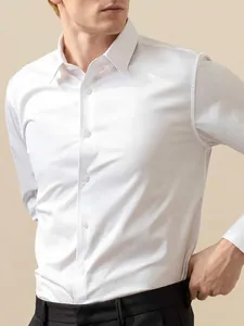 Professional men's slim-fit white long-sleeve dress shirt for business and casual wear