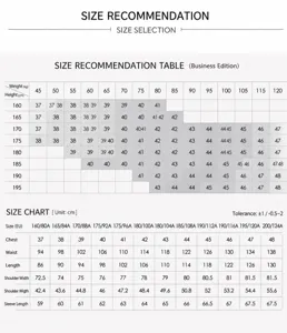 Tableau des tailles détaillé pour chemise homme business en laine avec mesures précises.
