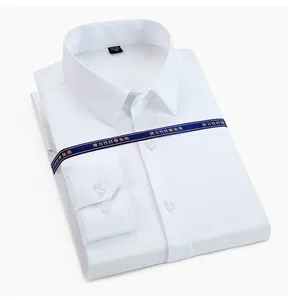 Camisa blanca plegada de fibra de bambú de manga larga con acabado elástico sin plancha