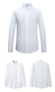 Camisa de hombre blanca de fibra de bambú sin plancha de manga larga vista frontal y trasera
