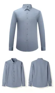 Vistas completas de una camisa azul de manga larga de fibra de bambú sin plancha.