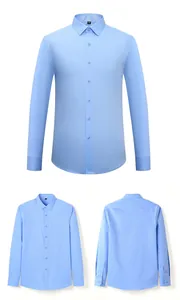 Vistas múltiples de una camisa azul claro de manga larga en fibra de bambú sobre blanco