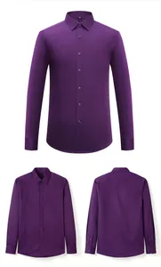 Vistas frontal y trasera de una camisa clásica morada de manga larga en fibra de bambú suave.