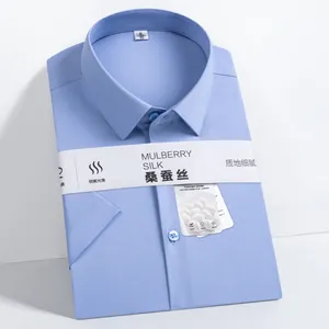 Chemise Homme Formelle en Mélange de Soie de Mûrier Sans Repassage Infroissable Couleur Unie Manches Courtes Longues Top