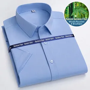 Camicia a maniche corte in fibra di bambù celeste con tessuto antipiega