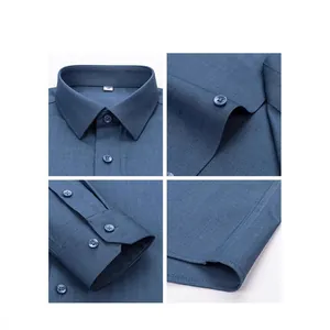 Vues détaillées d'une chemise bleue à manches longues pour homme avec chevrons