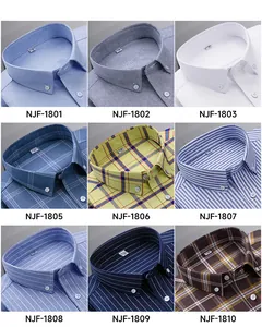 Macro detail of various Oxford shirt collars in plaid, striped, and solid colors