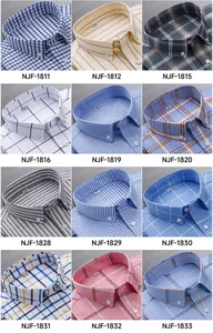 Detailed view of various plaid and striped patterns for men's cotton Oxford shirts