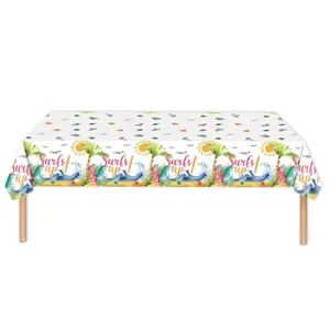 Detail view of summer surf theme disposable tablecloth for beach party decoration