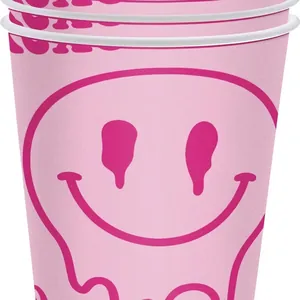 Rosa Pappbecher mit kreativem, schmelzendem Smiley-Design für festliches Partygeschirr