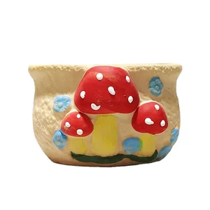 Vaso per succulente in ceramica a fungo dipinto a mano con design pastorale