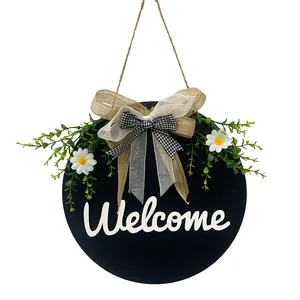 Rustic Round Wooden Welcome Sign with Artificial Greenery and Burlap Bow Front Door Wall Decor Farmhouse Style Wreath