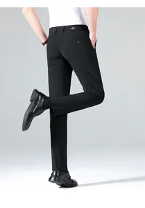 Back view detail of men's black slim fit high stretch business casual dress trousers