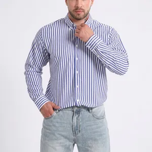 Premium men's blue and white vertical striped long sleeve stretch non-iron casual shirt.