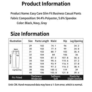 Comprehensive size guide for men's business casual dress pants in multiple sizes